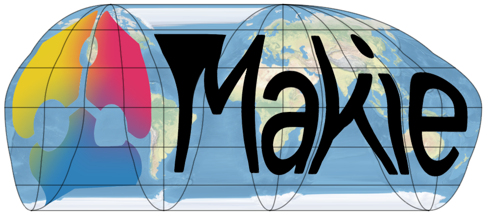 Makie logo deformed on an Interrupted Goode Homolosine projection.